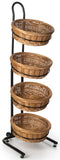 4 Tier Round Basket Stand, Height Adjustable, Wheels, Metal Frame, Wicker