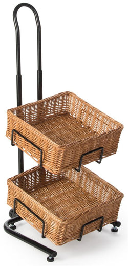 2 Tier Square Basket Stand, Height Adjustable, Wheels, Metal Frame, Wicker