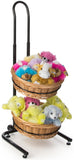 2 Tier Round Basket Stand, Height Adjustable, Wheels, Metal Frame, Wicker