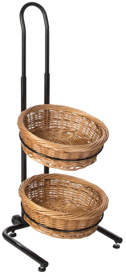 2 Tier Round Basket Stand, Height Adjustable, Wheels, Metal Frame, Wicker