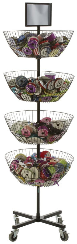 4 Tier Wire Dump Bin w/Rotating Baskets, Floorstanding, Header