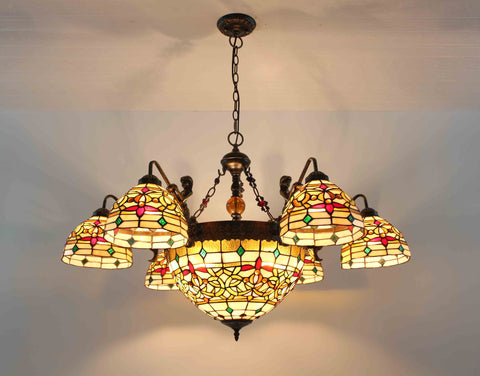 Tiffany Style Glass & Steel Ceiling Lamp with 8 Arms Flower Chandelier Fixture 16691