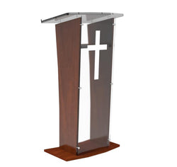 Wood Podium with Frost Acrylic Front Panel, 48" tall Pulpit Lectern with Cross Decor, Easy Assembly Required 1803-5-APLE+1803CROSS