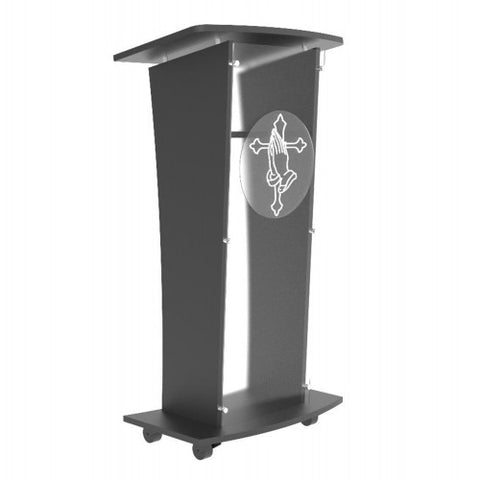 Acrylic Church Podium Pulpit Debate Conference Lectern Plexiglass Lucite Black Wood Shelf Cup Holder on Wheels with Prayer Hand and Cross Plaque 1803-5-BLACK+12152