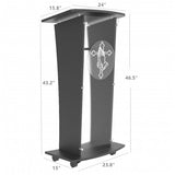 Acrylic Church Podium Pulpit Debate Conference Lectern Plexiglass Lucite Black Wood Shelf Cup Holder on Wheels with Prayer Hand and Cross Plaque 1803-5-BLACK+12152