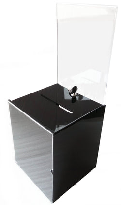 10.0" x 22.0" x 9.0" Acrylic Ballot Box w/Lock, 8.5 x 11 Header, Sign Holder Side Pocket-Black 19242