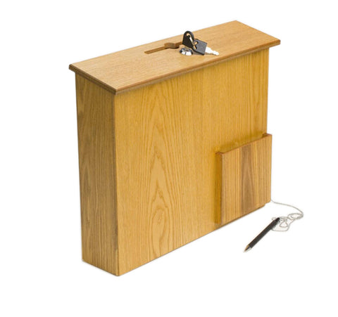15.0" x 12.8" x 3.9" Wooden Ballot Box w/ Sign Holder, Pocket, Pen   Lock, Wall Mount or Countertop