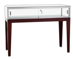 Display Table w/ Cherry Legs, Tempered Glass Top Locking Door
