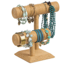 11.3" x 9.8" x 5.6",Jewelry Display with 2 T-Bars for Bracelets and Chains, Paper Twine - Natural 19319