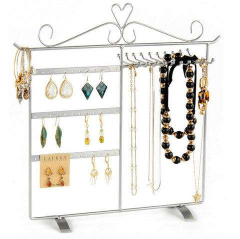 14.3" x 14.5" x 4.0" Jewelry Display for 18 Pairs of Earrings, 10 Necklace Bars, Steel - Silver 19337