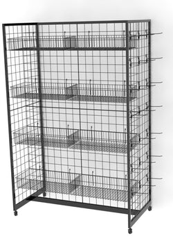 Gridwall Fixture w/ Wheels, (12) Baskets   (50) 6" Peg Hooks, Gondola Design - Black 19371