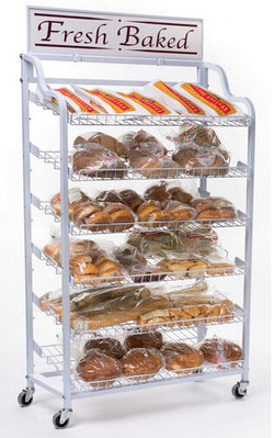 39.5" x 64.0" x 18.5", 39"w Bakery Display Rack w/ Wheels, 6 Shelves   Header - White 19398