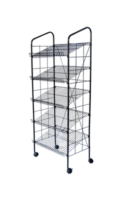 24.3" x 49.1" x 14.7" Bakery Display Rack w/ Wheels, 4 Wire Gravity Shelves, Mild Steel - Black 19406