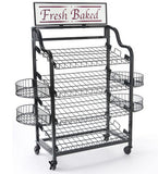 Bakery Display Rack w/ Wheels, 4 Shelves, 4 Side Baskets   Header - Black 19430