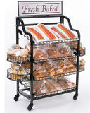 Bakery Display Rack w/ Wheels, 4 Shelves, 4 Side Baskets   Header - Black 19430
