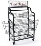 Bakery Display Rack w/ Wheels, 4 Shelves, 2 Side Baskets   Header - Black 19431