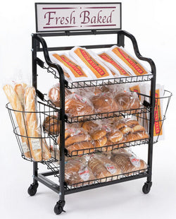Bakery Display Rack w/ Wheels, 4 Shelves, 2 Side Baskets   Header - Black 19431