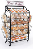 61"w Bakery Display Rack w/ Wheels, 6 Shelves, 4 Side Baskets   Header - Black 19433