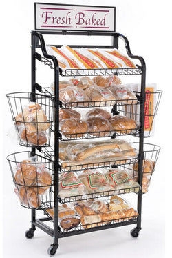 52"w Bakery Display Rack w/ Wheels, 6 Shelves, 4 Side Baskets   Header - Black 19439