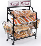 Bakery Display Rack w/ Wheels, 4 Shelves, 2 Side Baskets   Header - Black 19440