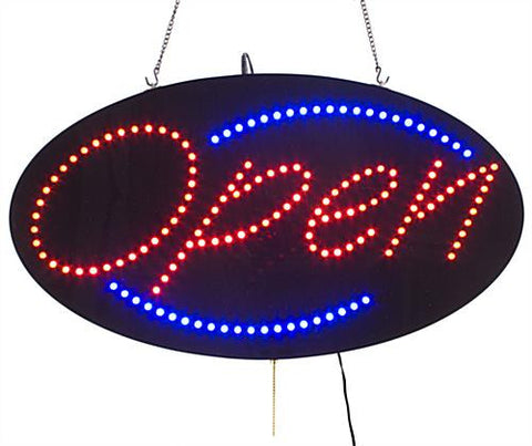 "OPEN" Animated LED Sign with Hanging Chain, Round - Red Blue 19551