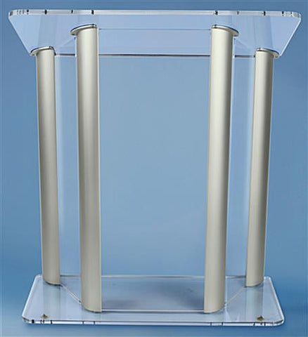 42-1/2" Clear Acrylic Podium for Floor, Large Reading Surface, Aluminum Pillars 19616