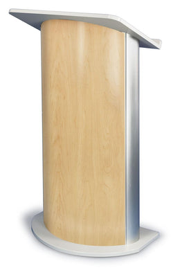 Curved Podium for Floor, 47.25 tall, Aluminum MDF   Silver with Maple Panel