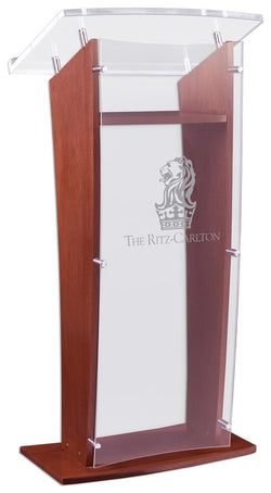 Wood Podium with Acrylic Panel Surface, Custom Artwork, 48.75 tall   Mahogany