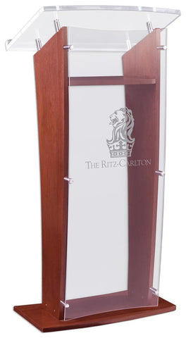Wood Podium with Acrylic Panel Surface, Custom Artwork, 48.75 tall   Mahogany