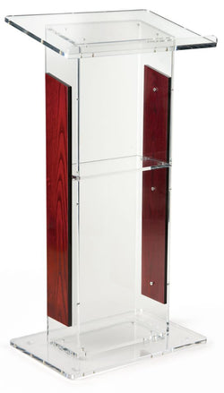 23 1/2 Clear Acrylic Podium for Floor, Open Back with Shelf, Wood Trim 19649