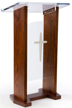 Wood Acrylic Podium, Optional Cross/Plain Front Panel 46.5 Tall   Dark Oak