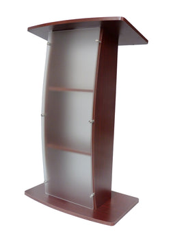 44.25" Tall Podium for Floor, Curved Frosted Front Acrylic Panel - Red Mahogany 19658