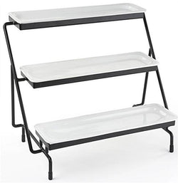 3 Tier Wire Serving Platter w/ (3) 1" Depth Porcelain Dishes   Black and White