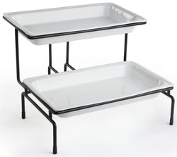 2 Tier Wire Serving Platter w/ (2) 3" Deep Porcelain Dishes   Black and White